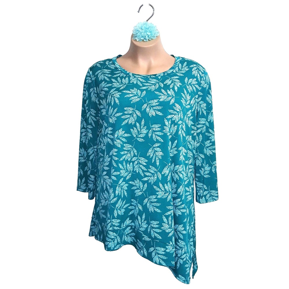 East 5th Women Asymmetric Top XXL Teal Aqua Leaf Print Tropical Wide Sleeve